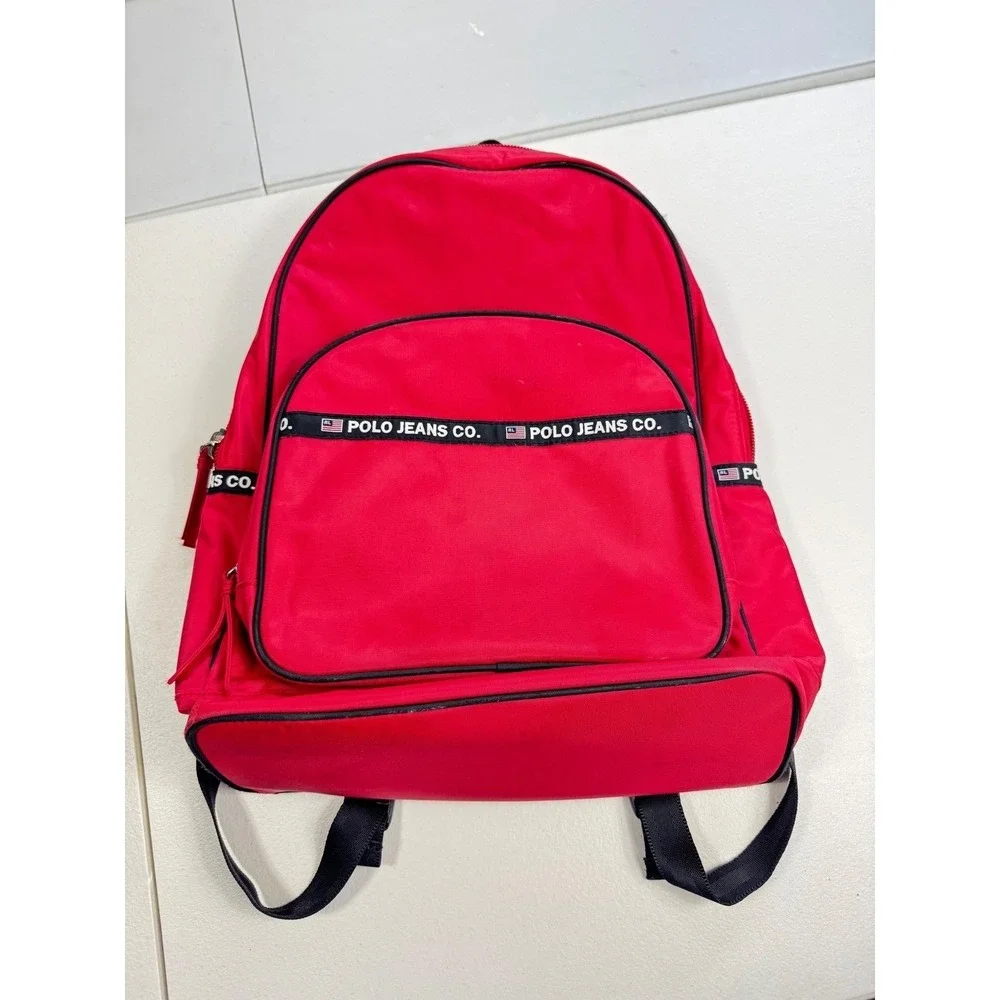 Polo Jeans Co Ralph Lauren Red Nylon Backpack Logo Tape Vintage School Bag